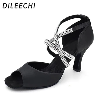 DILEECHI/обувки за латино танци; обувки с блестящи бриллиантовым каишка на щиколотке черен цвят на ток 8 см; модерни обувки за танци