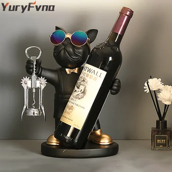 YuryFvna Френски булдог Украса винен стеллажа Титуляр за вино Куче Иконом Дизайн на седалките за бутилки Статуя Украса на масата Скулптура от смола