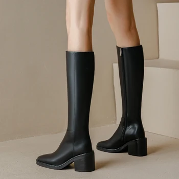 Дамски Ботуши на висок ток от естествена кожа, ботуши до коляно на дебел ток, есента и зимата са топли ботуши, дамски обувки в черен цвят, елегантна дизайнерска