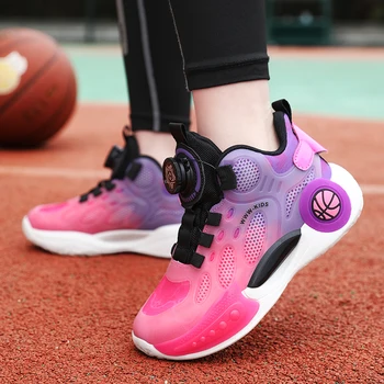 Детски баскетболни обувки Новата детски спортни обувки с въртящ се бутон, дишаща баскетболни обувки за тренировки, маратонки за момичета