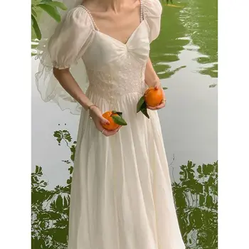 Корейското лятото женствена рокля, елегантно бяло дантелено шифоновое рокля миди с къс ръкав и деколте лодка, рокля с открити рамене