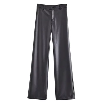  Луксозни дамски прави панталони от изкуствена кожа 2023 г., годината на реколтата обикновена модерен дамски панталон с ципове с висока талия