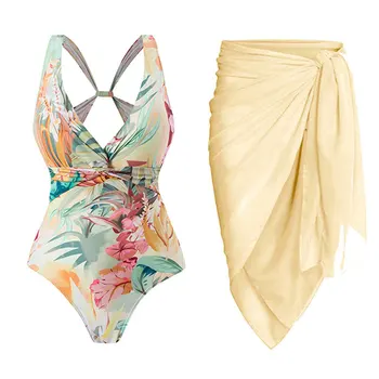 Модерен едно парче бански-бикини с принтом и плажно облекло, празнична плажна рокля с дълбоко v-образно деколте, летен бански костюм с отворен гръб, дрехи за сърфиране