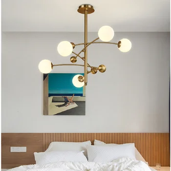 Скандинавска медни полилей с 5 глави за хол, спалня, хотела, въртящи се скоби, млечно бяла лампа, led лампи G9