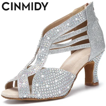 Танцови обувки с кристали CINMIDY, дамски обувки за балните танци, обувки за салса и латино танци, модерни обувки за партита подметка